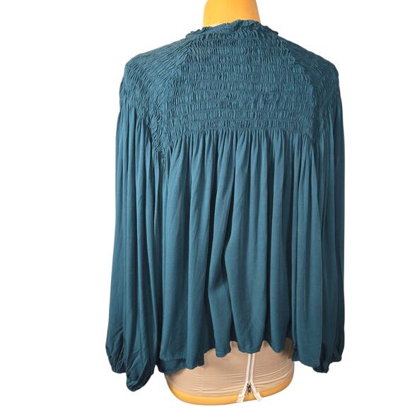 Catherine Malandrino Womens Teal Blue Smocked Peasant Blouse XL Poet‎ Sleeve Top - Picture 3 of 13